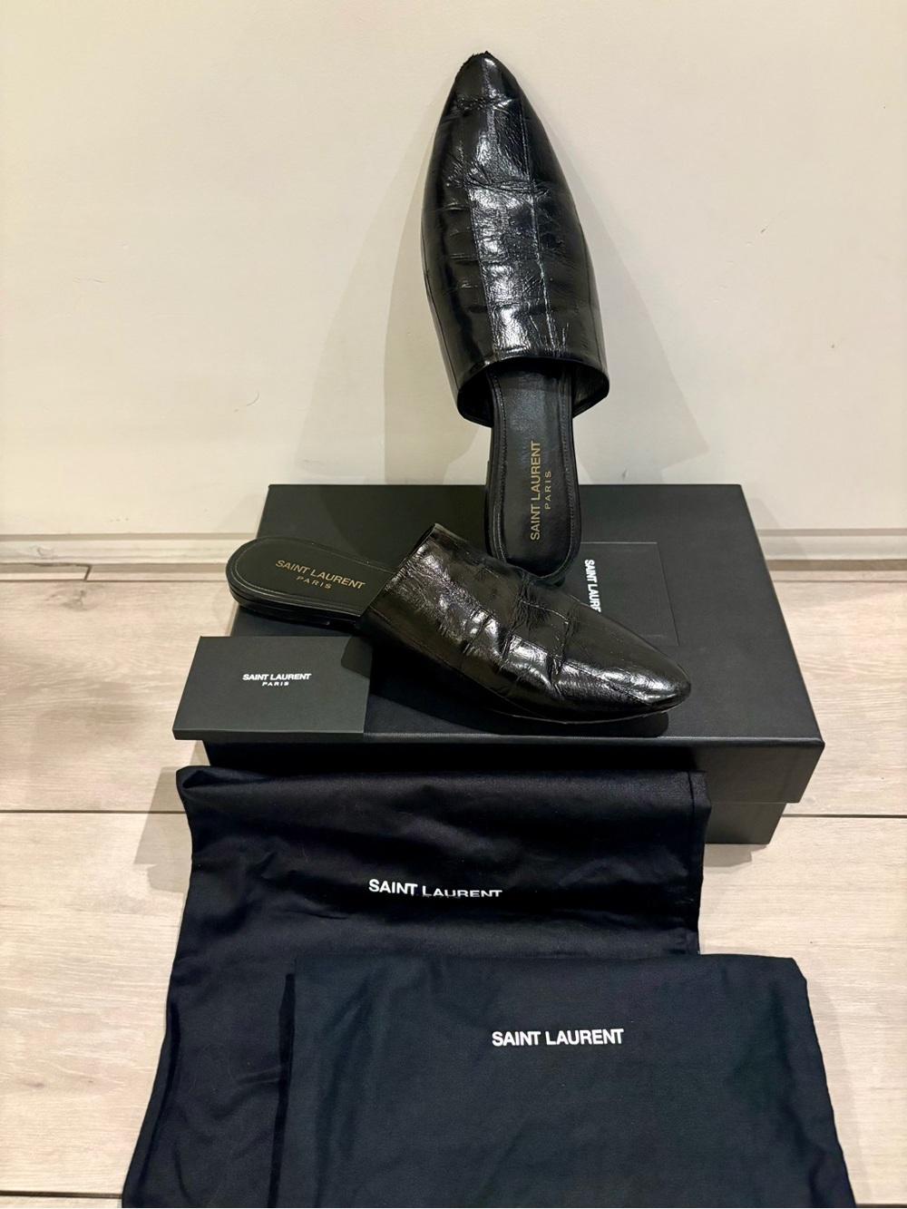 Saint Laurent Black Leather Animal Embossed Pointed Slip-On Mules